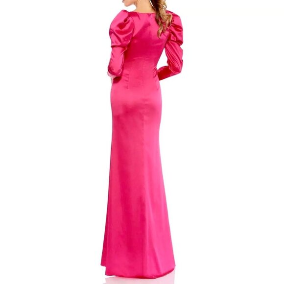 Ieena for Mac Duggal Puff Sleeve High Slit Formal Satin Gown Hot Pink Size 6 - Picture 2 of 10